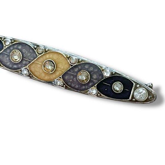 Vintage Pierre Bex Art Deco Revival Brooch Black Gold Enamel Rhinestone Bar Pin - Picture 7 of 8